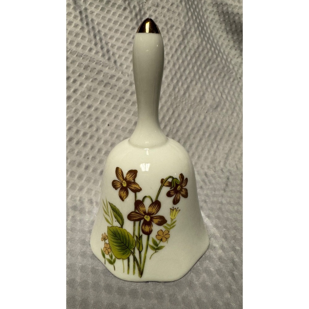 Vintage White Porcelain Hand Bell Brown Flowers Nanco Gold Tip Collectable